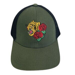 Wild Fable Tiger Roses Embroidered Green Black Trucker Hat Mesh Adjustable Snapb